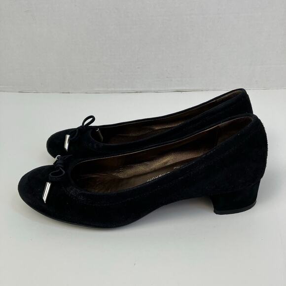 AGL Kristin Black Suede Block Heel Ballet Pump Rounded Toe w Bow Office Comfy - Picture 1 of 16